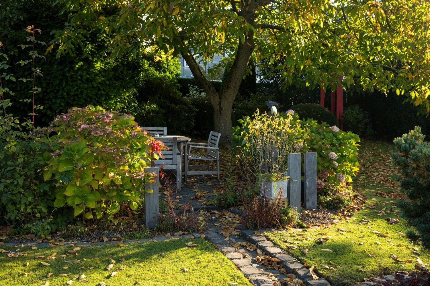 Herbstlicher Garten mit Sitzplatz unter einem Baum