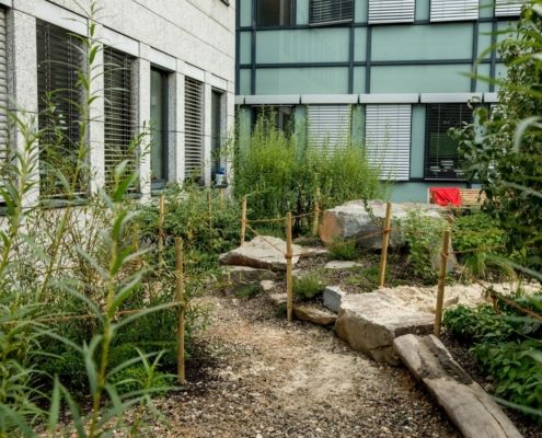 modellierte Wege aus Kies und Holzstämmen im Außenbereich